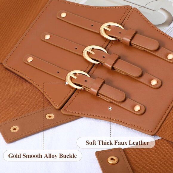 Women Corset Wide Stretch Waspie Elastic Waist Belt with Brown Buckle Gold - Picture 3 of 6